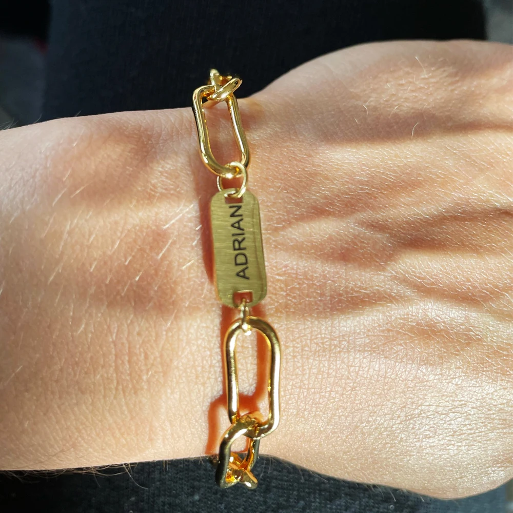 Customized Engraved Name Bracelet Luxury gold Stainless Steel Jewelry For Women Personalized Paperclip Chain Adjustable Bracelet