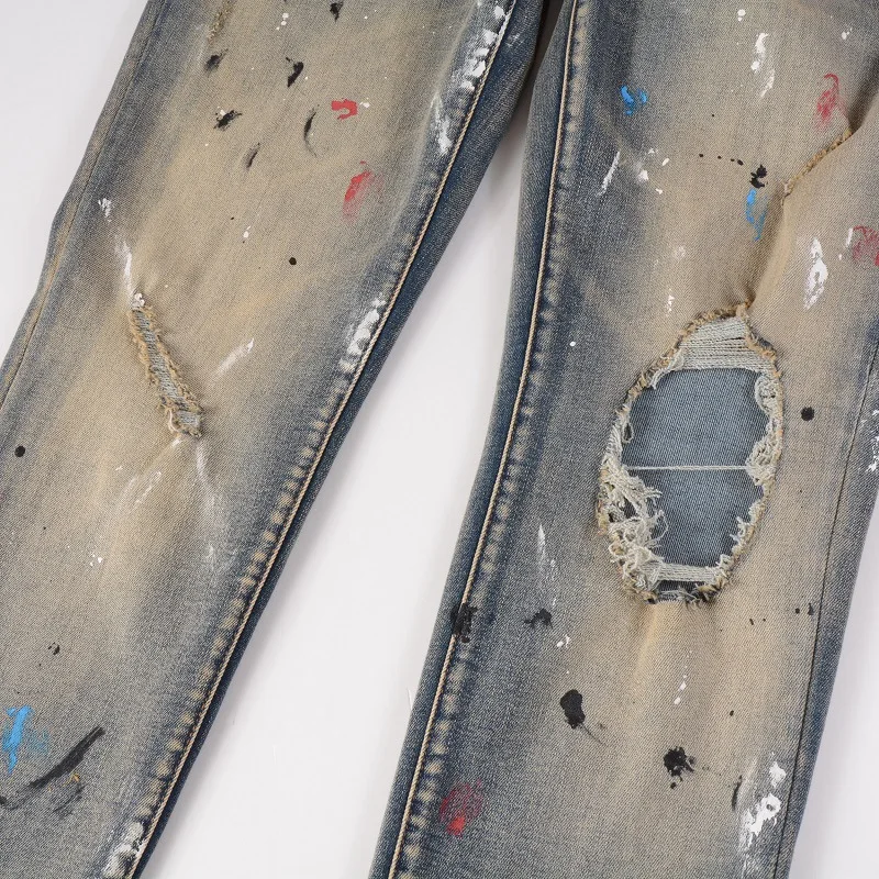 Light Blue Slim Fit Ripped Streetwear Distressed Skinny Pants Knee Holes Stretch Destroyed Tie Dye Graffiti Ribs Patches Jeans