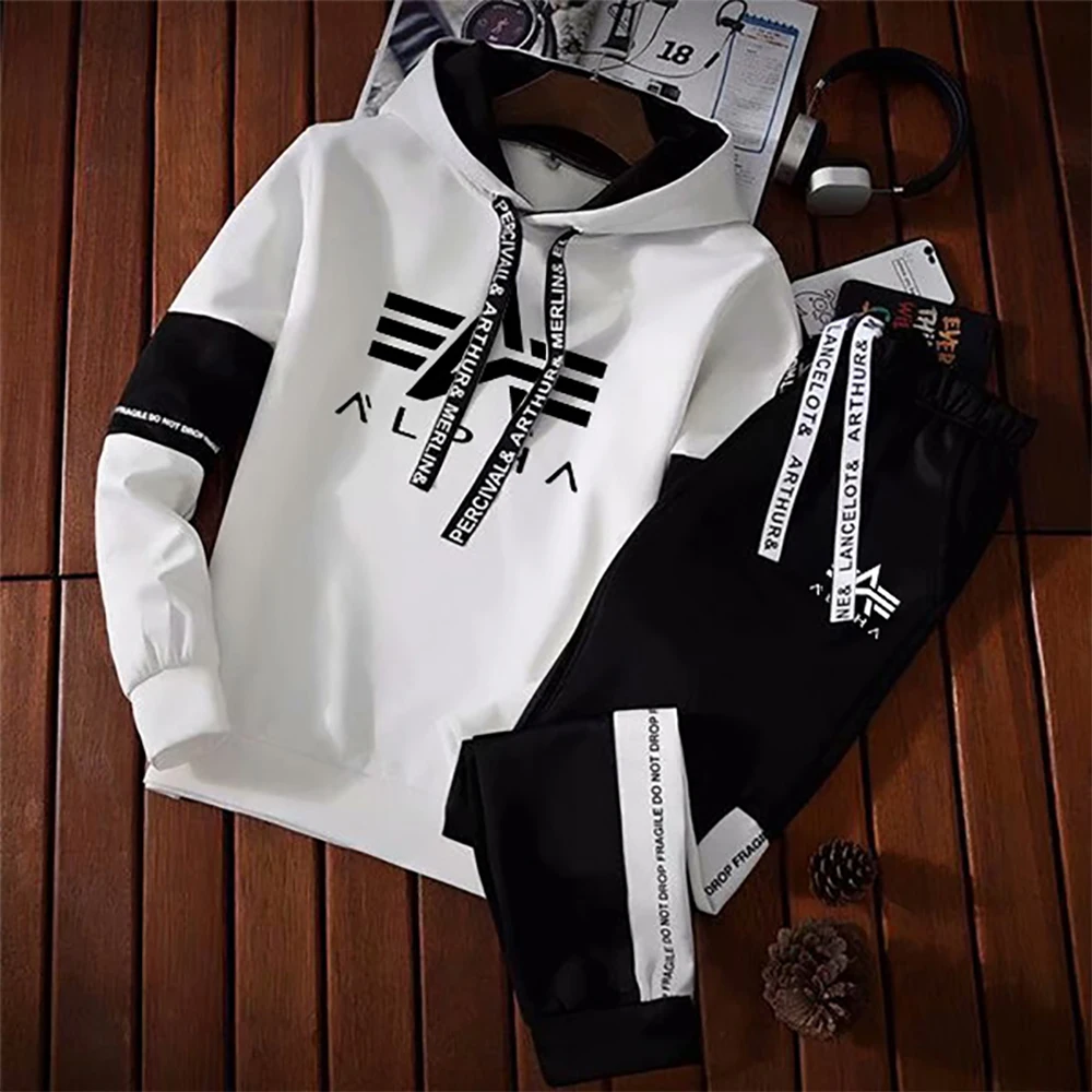 

Fashion Men's Set Alpha Sports Tracksuit Elastic Waist Trousers+Long Sleeve Pullover Sweatshirt Set Casual Men Clothing Set