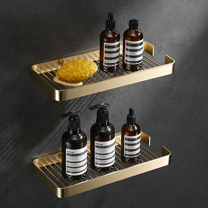 

Gold Solid Brass Bath Corner Square Bathroom Shelf Wall Mounted Shower Rack Nail Punched Storage Organizer Holder Toilet Rack