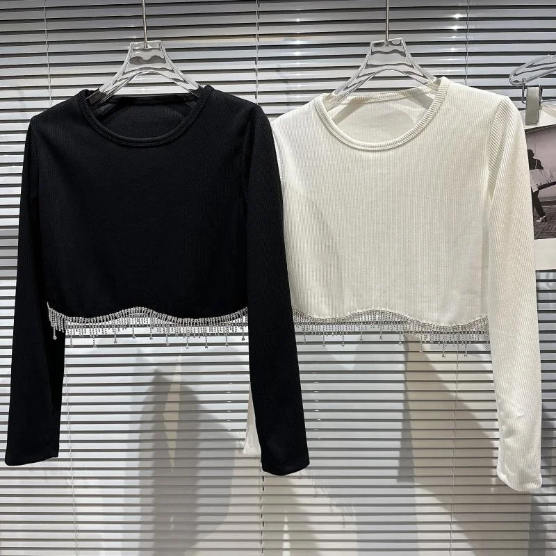 

BORVEMAYS, Новинка весна-лето 2023, модная трендовая Однотонная футболка с круглым вырезом и длинным рукавом, универсальная женская футболка с кисточками и стразами, WZ967