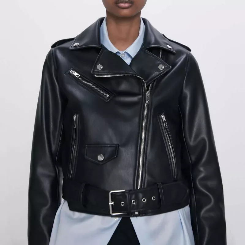 

Женская куртка из искусственной кожи, черная приталенная короткая байкерская куртка на молнии с поясом, верхняя одежда, весна-осень 2020