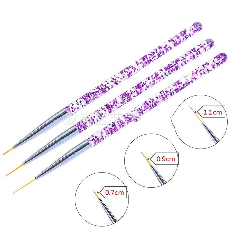 

3PCS Nail Liner Brush Painting Pen 7/9/11 mm Heads UV Gel Polish Gradient Color Crystal Acrylic Liner Nylon Fiber Drawing Tools