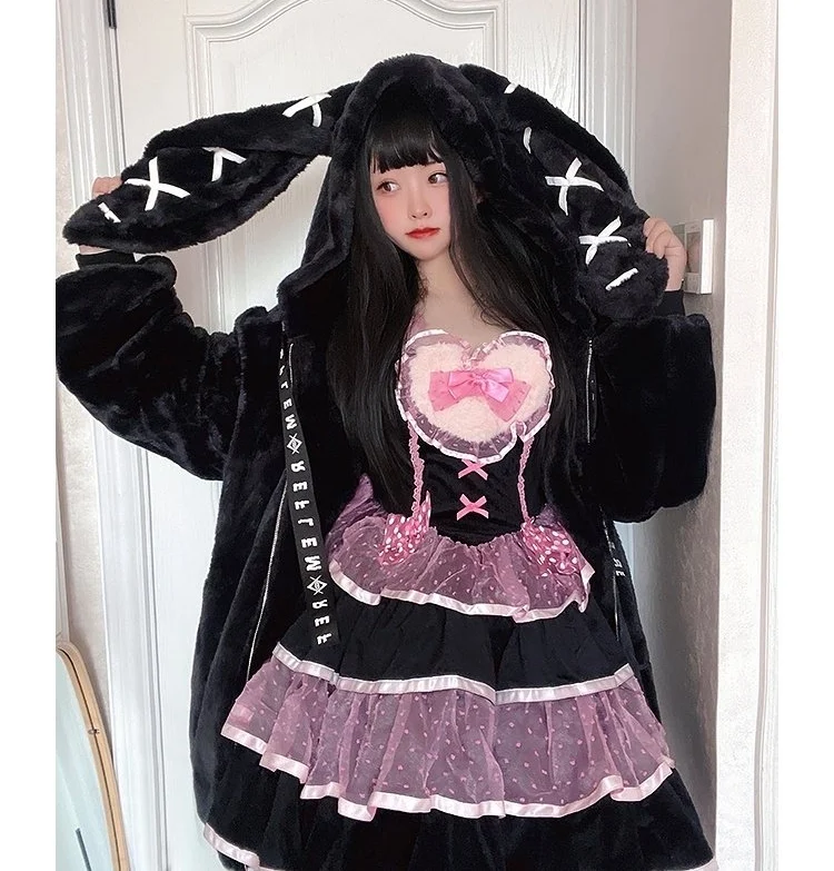 Japanese Cute Plush Coats Winter New Girl Sweet Rabbit Ears Thickened Warm Furry Cotton-Padded Coat Female Sweet Pink Fur Jacket