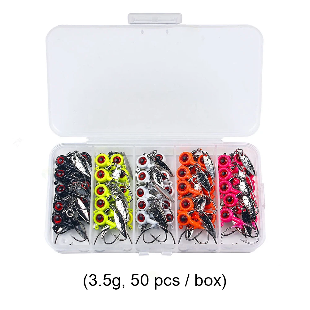 

50Pcs/box Metal Spoon Lead Jig Head Fishing Hooks Rotating Lure Bait Jigging Hook Crappie Lure Bait Kit Tackle Set