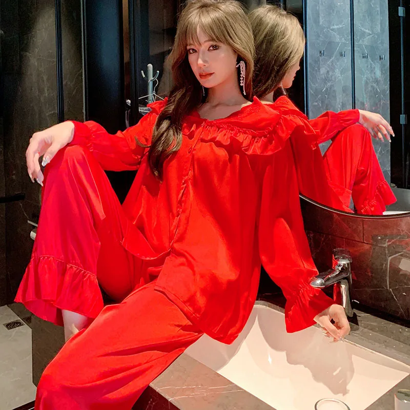 Pajamas Suit Women Pink 2PCS Home Clothing Intimate Lingerie Flare Sleeve Spring Casual V-Neck New Homewear Sleep Set Pyjamas