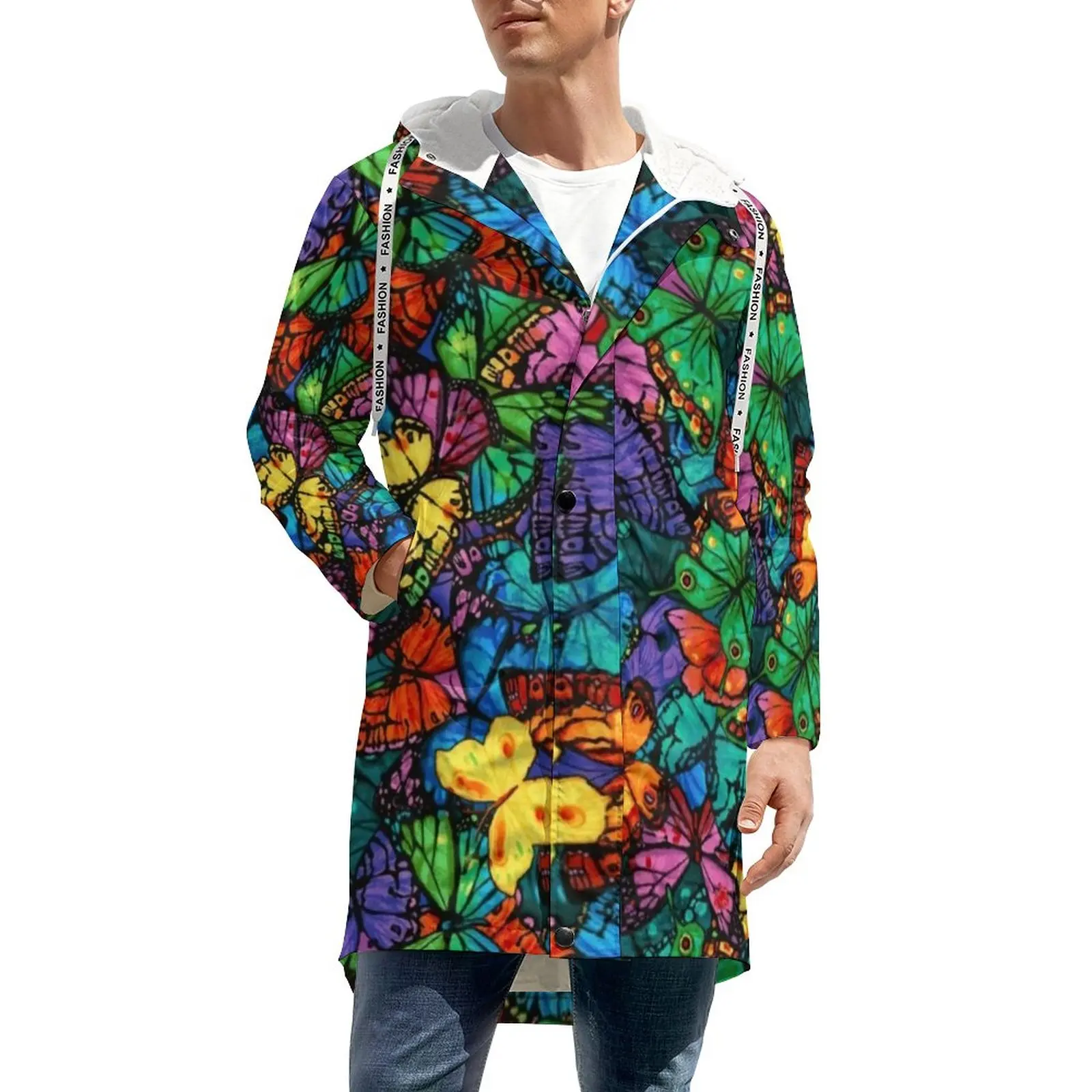 

Ветровка мужская в стиле ретро, длинный прямой плотный Тренч с разноцветными бабочками, винтажная верхняя одежда, повседневная одежда