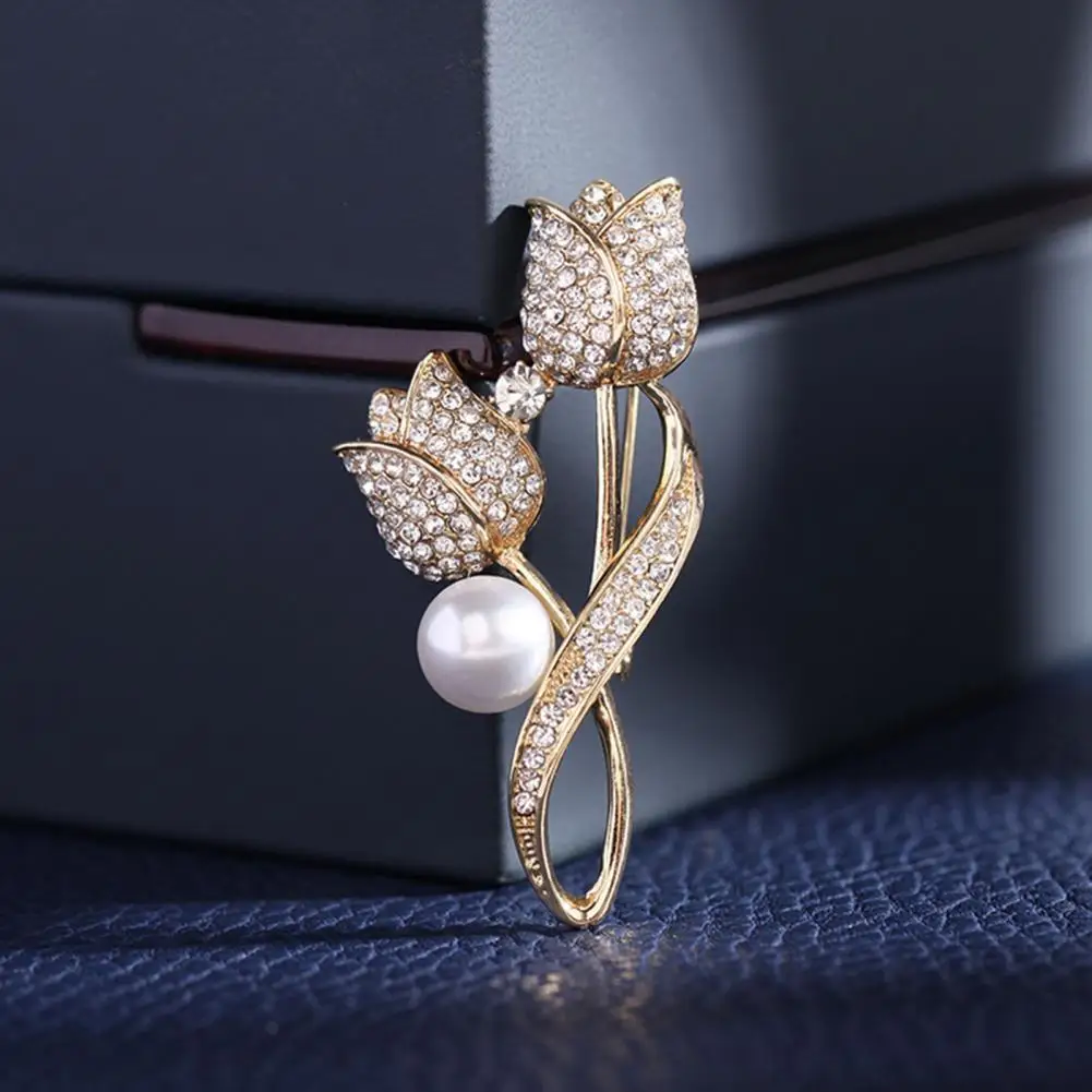 

40%HOT Lady Pin Rhinestone Imitation Pearl Tulip Shape Shiny Women Brooch for Prom