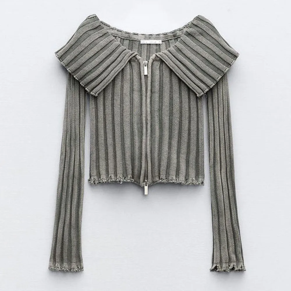 

Осенний Новый женский кардиган в рубчик с отложным воротником и двойной молнией