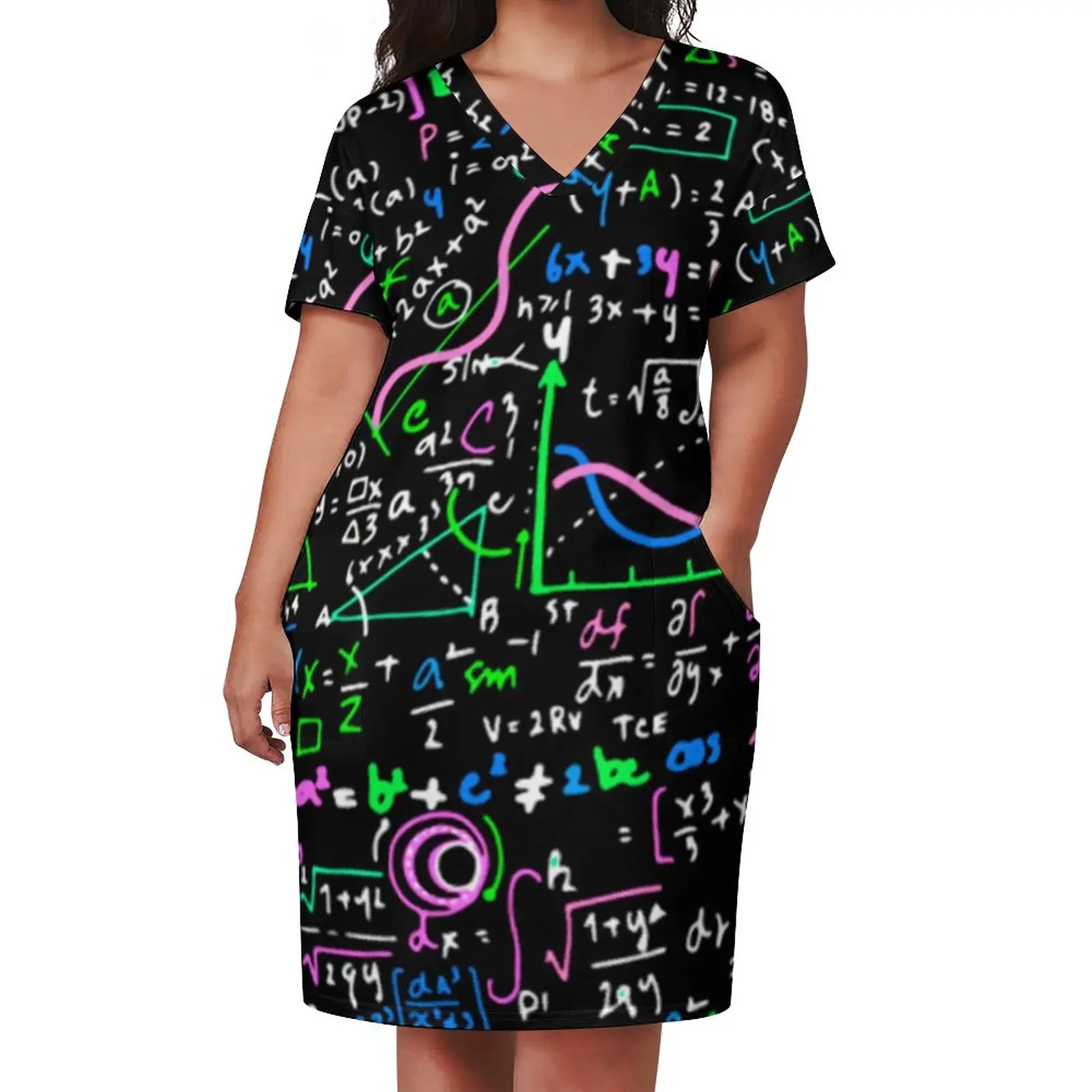 Math Linear Dress V Neck Mathematics Education Modern Dresses Female Aesthetic Graphic Casual Dress With Pockets Plus Size