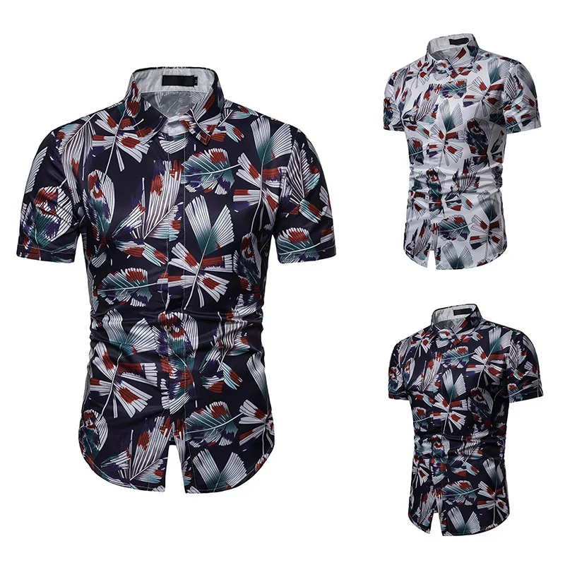 

New Summer Short Sleeve Men Shirt Print Slim Fit Round Hem Lapel Collar Breathable Wonderful Outdoor Daily Trip Shirts