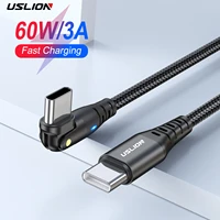 uslion pd 60w usb type c cable 3a fast charging data cord for macbook xiaomi mi 12 poco m4 samsung s22 180 rotate elbow for game
