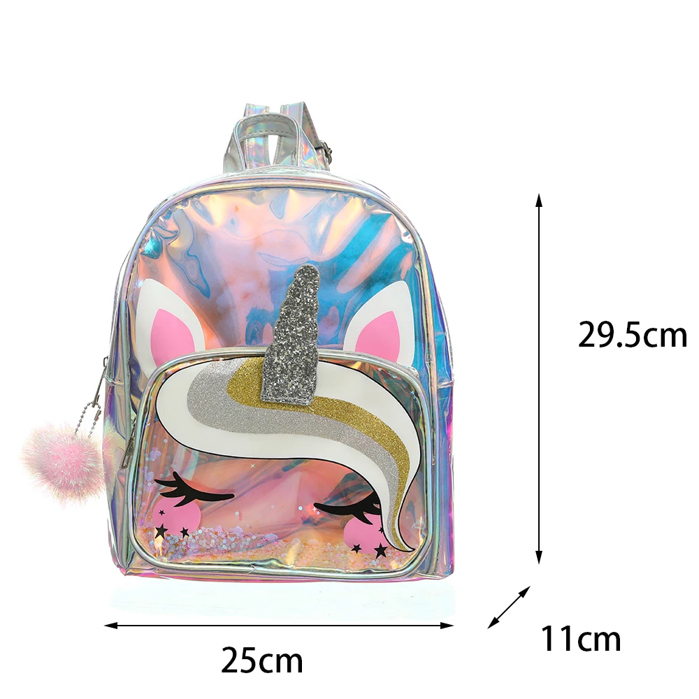 Girl's School Bag Unicorn  Cartoon Small Backpack Silver Transparent Bagpack For Girls Preschool  Kawaii Kids Bag 11inch