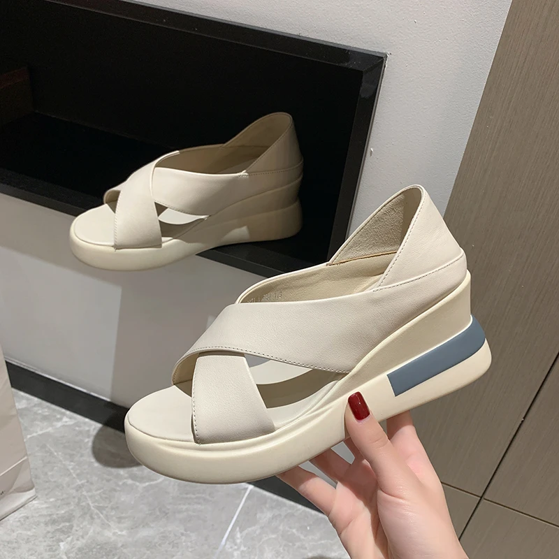 

Thick-soled Wedge-heeled Sandals Women's Summer New Broadband Cross Cover Heels Two Wear Roman Slipper Sandal Mujer Sandalias