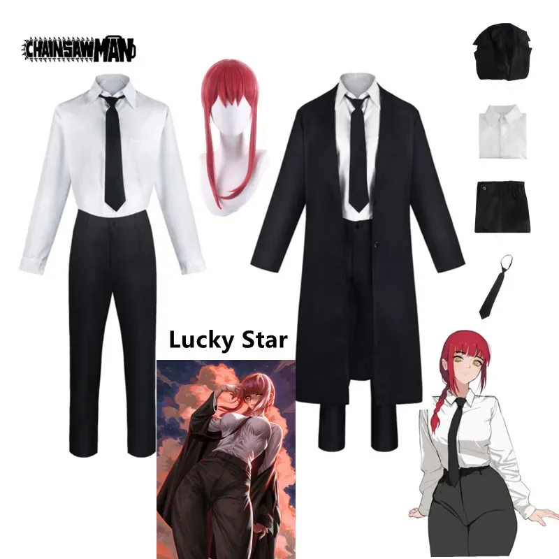 

Makima Cosplay Costume Anime Chainsaw Man Black Trench Shirt Tie Pants Makima Wig Long Light Red Braid Men Women Suit Uniform