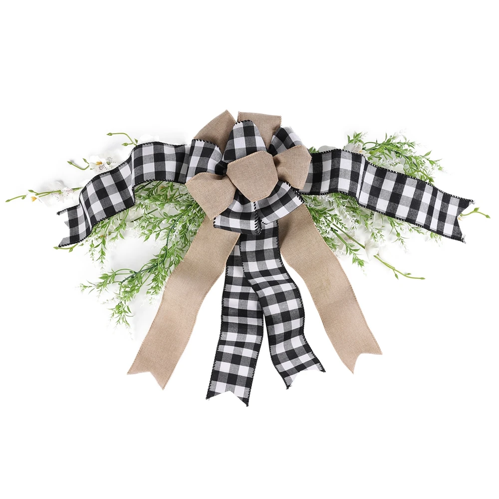 Spring Mailbox Decor Artificial Wreath with Black White Grid Bow Wall Hanging Lintel for Home Room Garden Wedding Party Decor