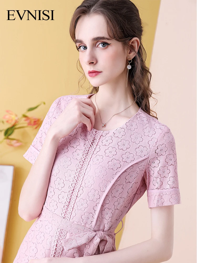 

EVNISI Pink Lace Floral Elegant Dress For Women A-line 2022 Summer New Lace Up Dresses Casual Comfortable Hollow Out Vestidos