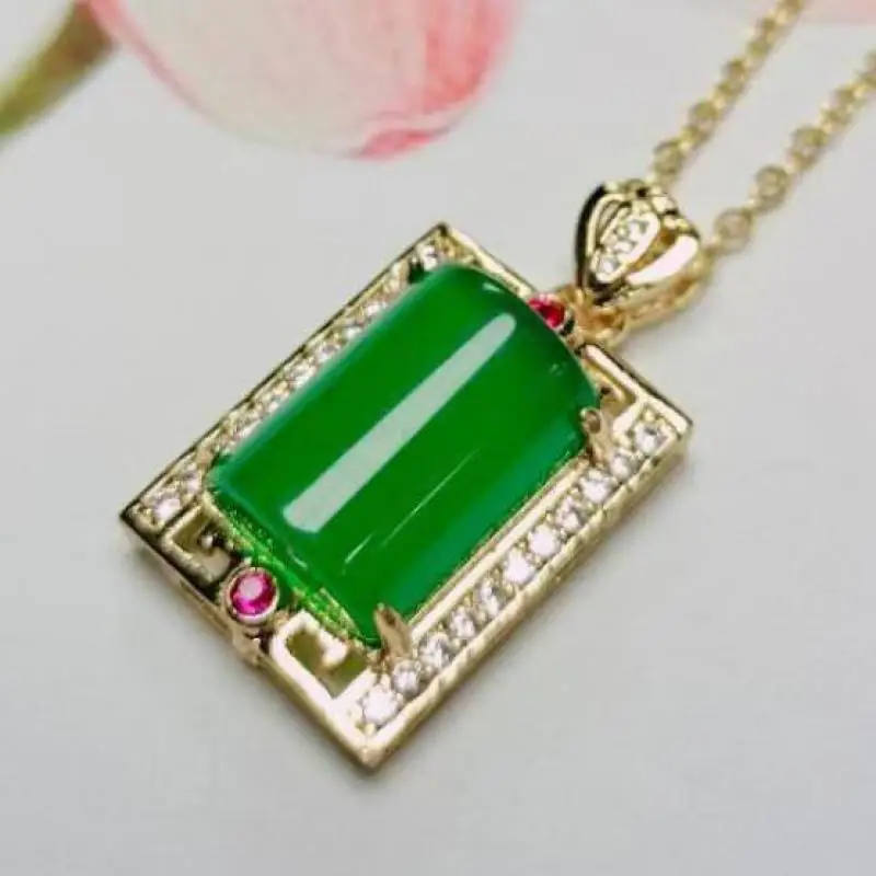 

Rectangle Green Jade Pendant Necklace Women Chrysoprase Fashion Charms Jewellery Gifts For Ladies Certified Jades Stone Necklace