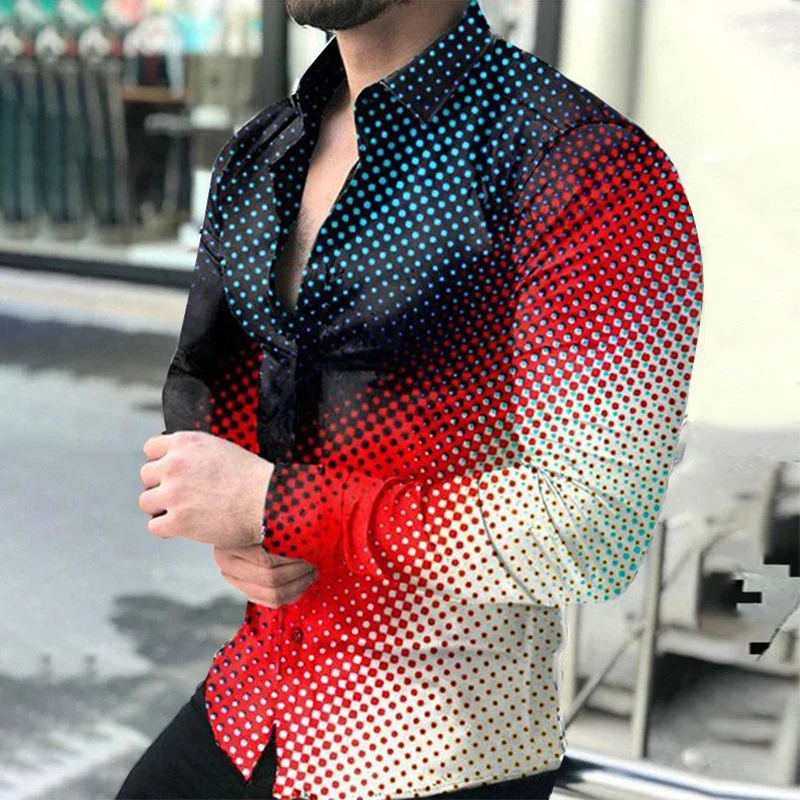 

Luxury Social Men Shirts Turn-down Collar Buttoned Shirt Casual Polka Dot Print Long Sleeve Tops Men's Clothing Prom Party Cardi