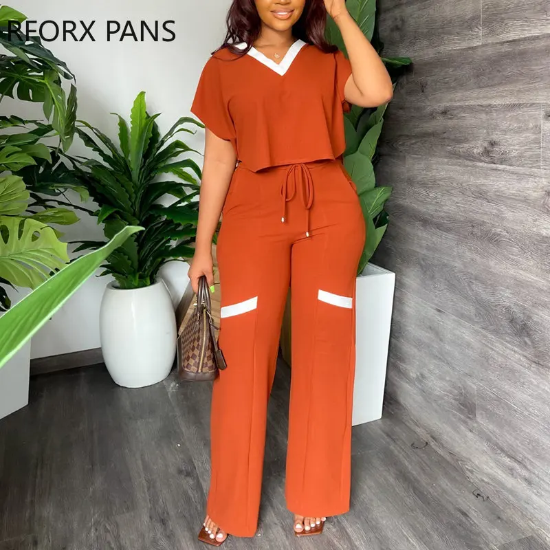 

2023 Women Elegant V Neck Short Sleeves Drawstring Straight Leg Pants Sets