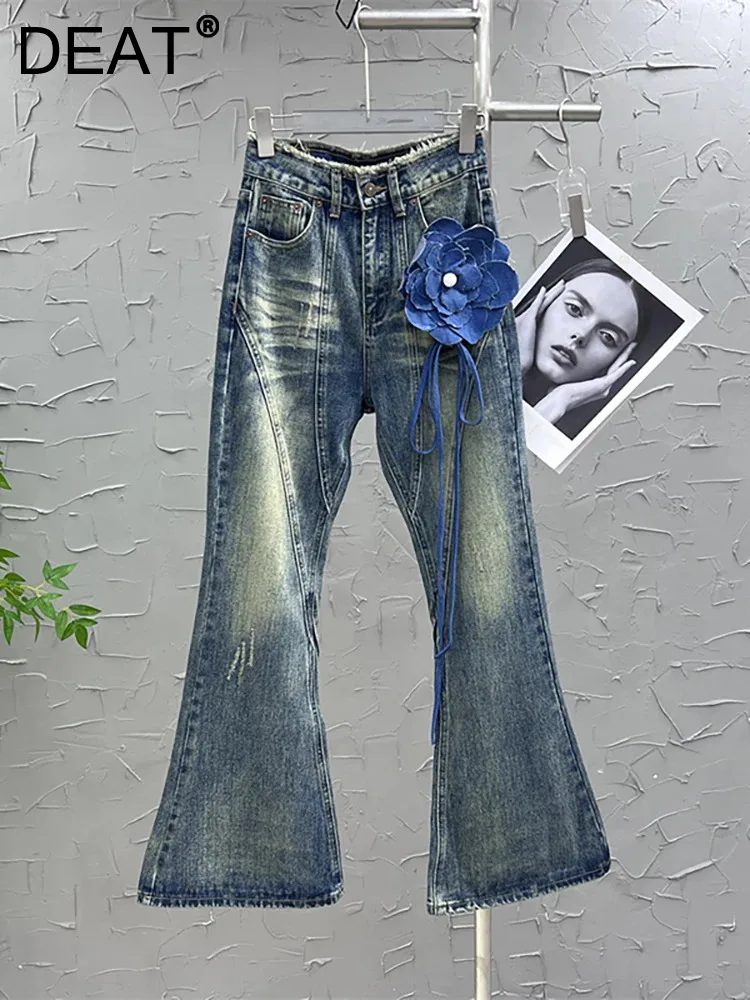 

Женские джинсы с завышенной талией DEAT, однотонные облегающие брюки-клеш из денима с бахромой и заусенцами, 29L4100, осень 2023