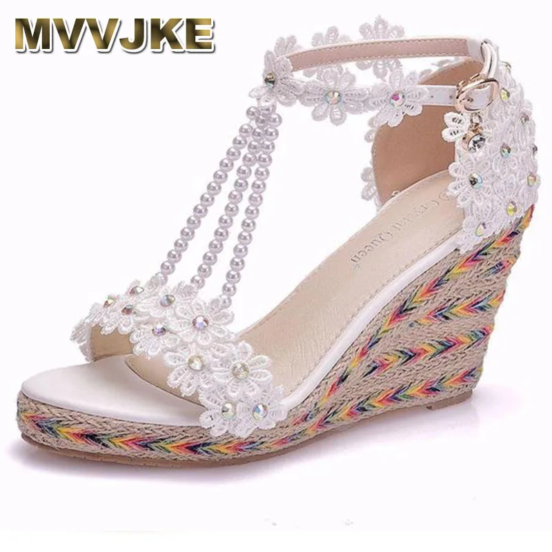 

Lace Beading Buckle Strap Crystal Women's Sandals 2023 Wedge High Heel Shoes Platform Woman Shoes Wedges Sandals Shoes