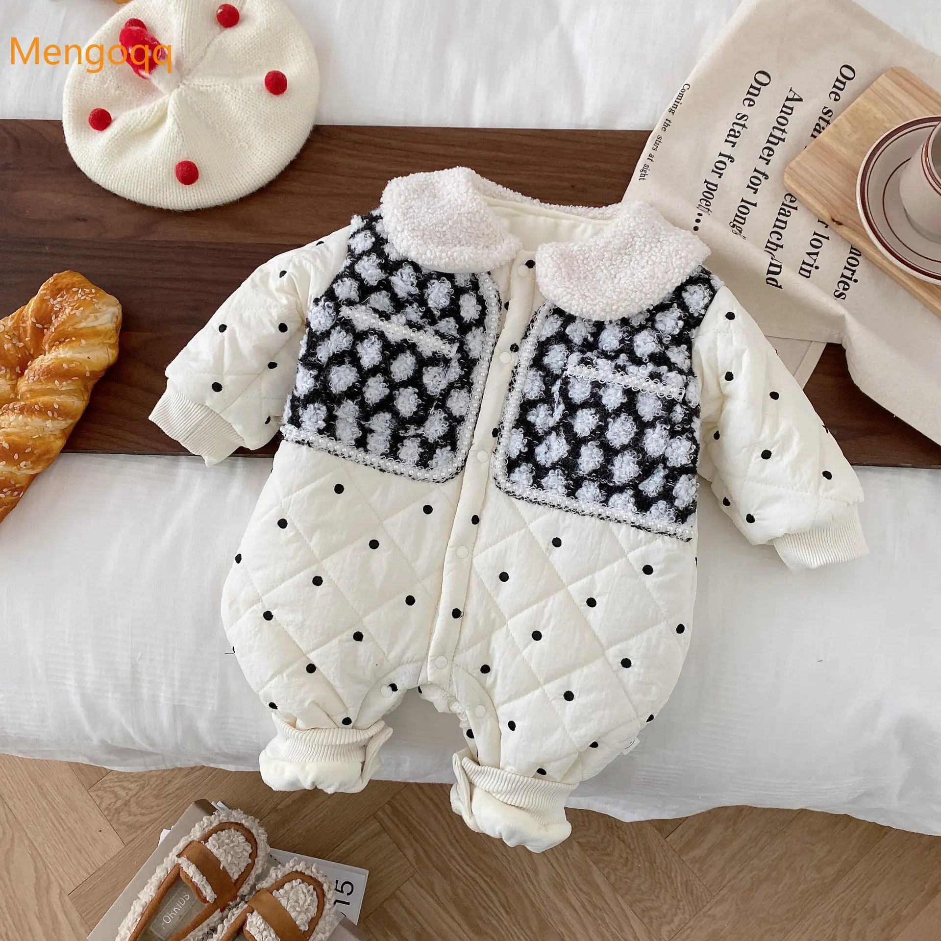 

Mengoqq Autumn Winter Kids Baby Girls Peter Pan Collar Polka Dot Fake Single-breasted Cute Warm Casual Jumpsuit Romper 0-24M