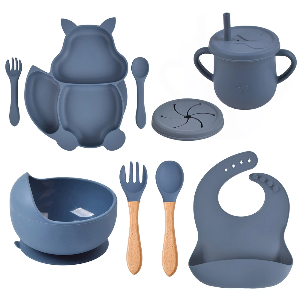 9PC/Set Baby Tableware Set Silicone Non-slip Suction Bowl Children Feeding Set Divided Plate Starw Cup Silicone Bibs Spoon Fork