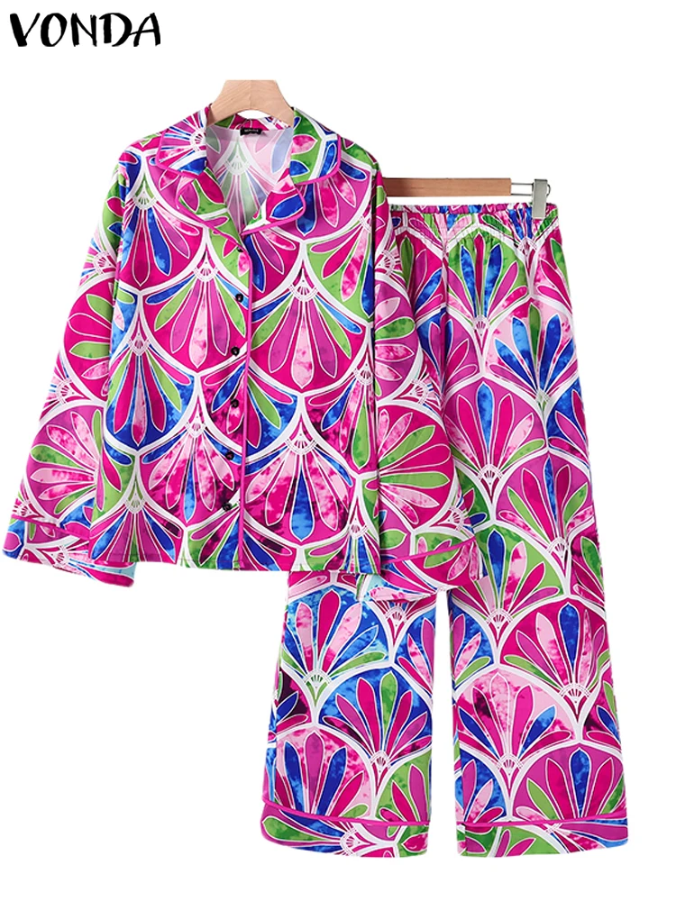 Женские комплекты VONDA 2024 винтажные топы с длинными рукавами и принтом широкие