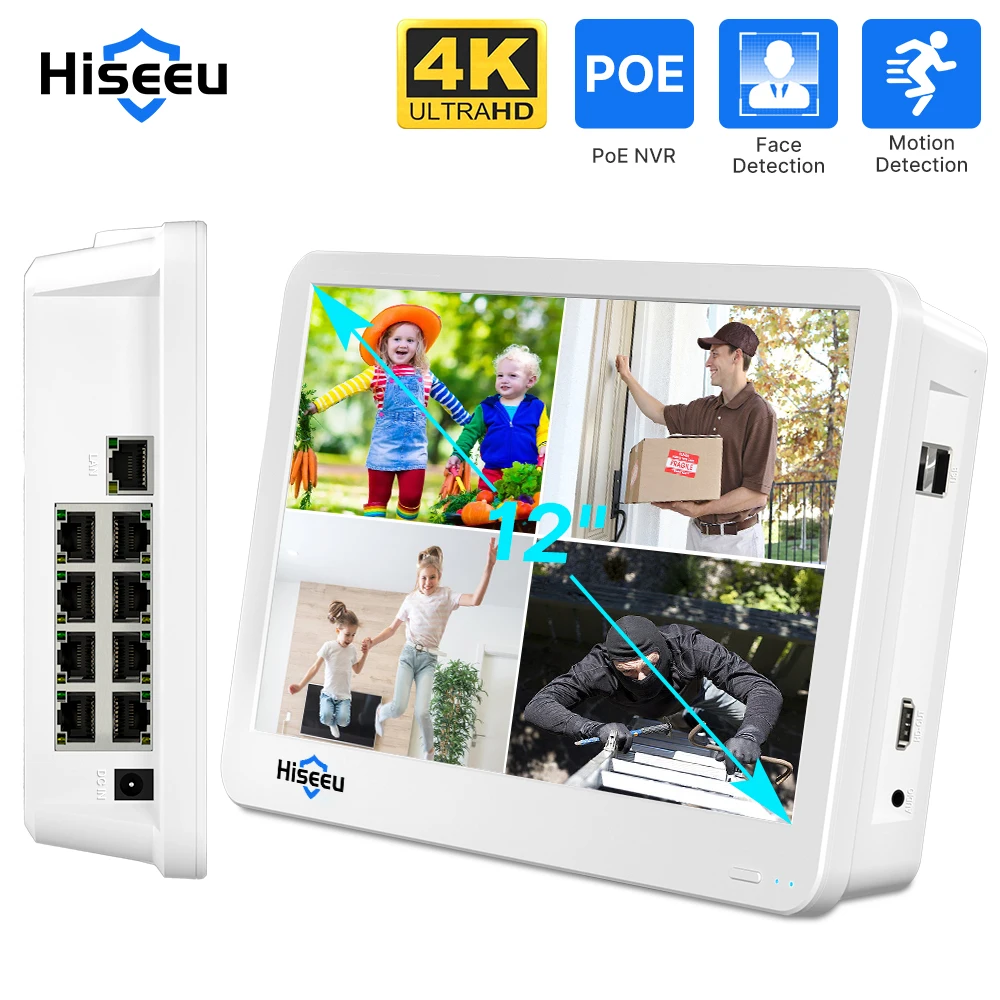 

Hiseeu 8-канальный сетевой видеорегистратор 4K с 12-дюймовым экраном