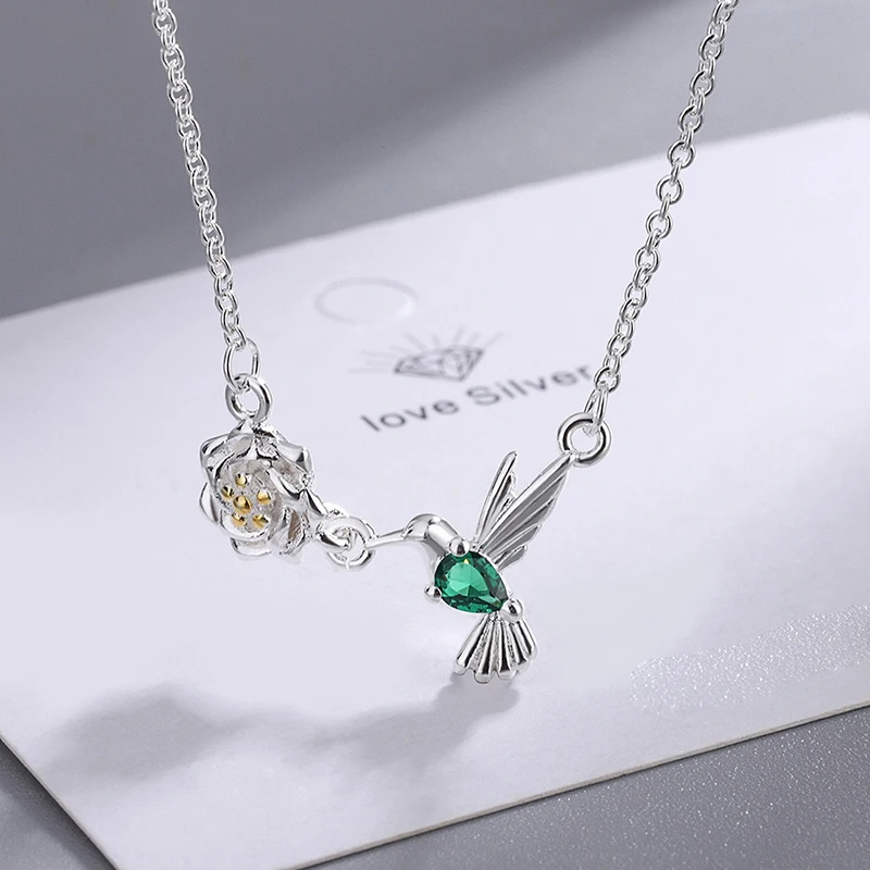 New Fashion Cute Flower Pendant Necklaces Small Animal Birds Green Zircon Stone Female Trendy Choker Necklace Jewelry Accessory