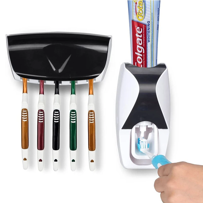 

Dispensar automático de pasta de dentes, conjunto com 5 escovas de dentes para montagem na parede, acessórios para banheiro