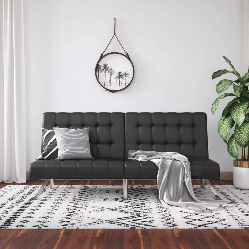 

River Street Designs Emily Convertible Tufted Futon Sofa, Black Faux Leather sofa set living room furniture