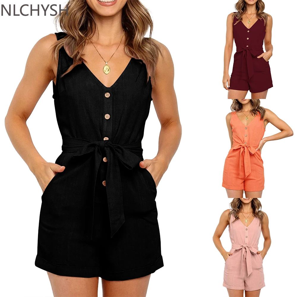 

Women Playsuits Sexy V Neck Sleeveless Button Sashes Cotton Playsuits Casual Slim Pocket Pink Black Short Jumpsuit Femme Rompers