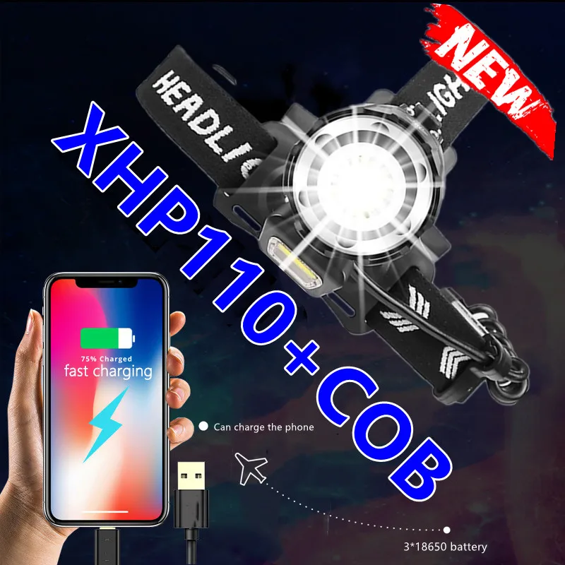 

2022 XHP110 and COB headlamp powerful Led flashlight 600000lumens usb lantern on the head 18650battery xhp90 xhp70 fish hunting