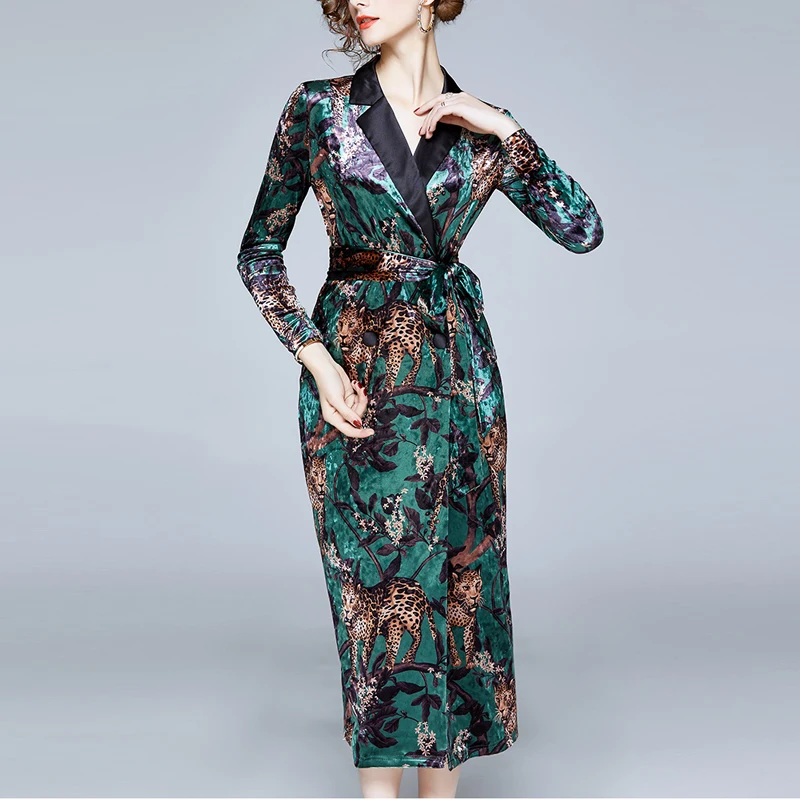 

Women Spring Autumn Elegant Lace Up Velvet Long Blazer Dress Fashion Casual Long Sleeve Print Notched Office Lady Maxi Dresses