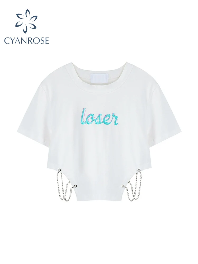 

White Women's T Shirt 90s Vintage Short Sleeve Print Crop Top Streetwear Summer Ladies Gothic Harajuku Y2K Punk Casual T-Shirt