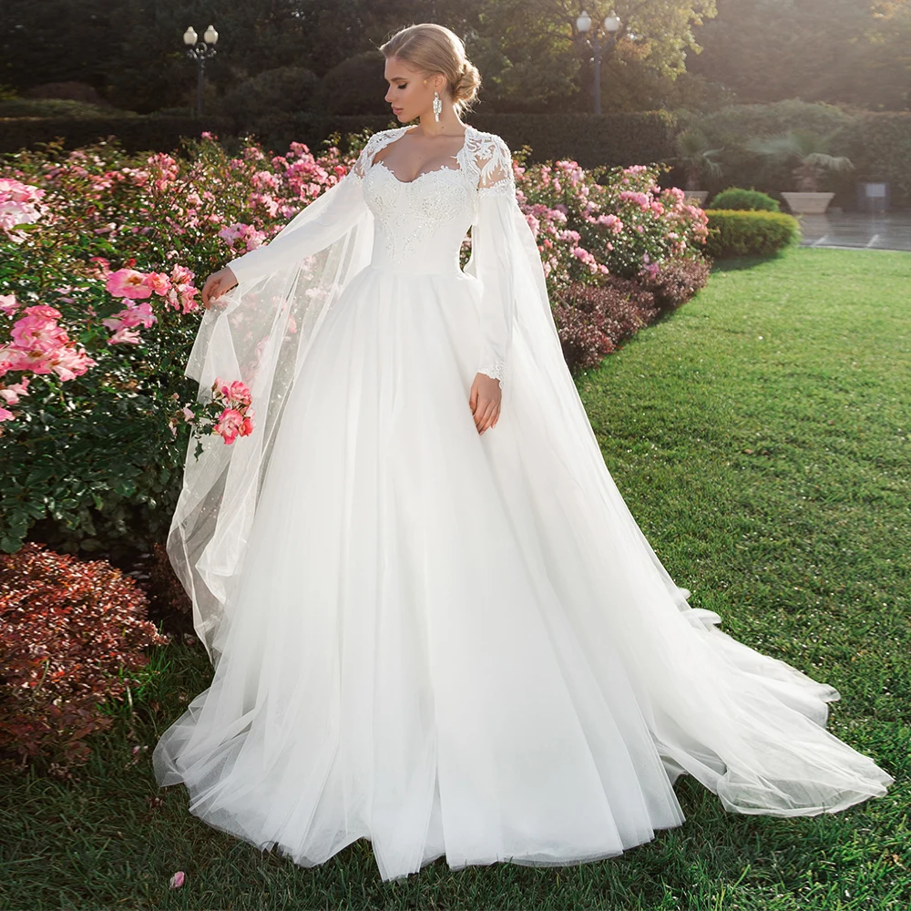 

Watteau Train Wedding Dress For Bride 2022 Sweetheart Long Sleeves Tulle Bridal Gowns Vintage Lace Appliques Vestido De Novia