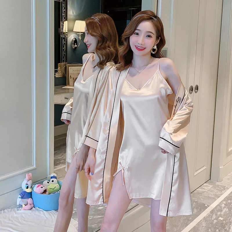 

2022 Summer 2PCS Silk Satin Sexy Mini Dress Nightgowns Robes Sets for Women Sleepwear Suit Bathrobe Nightdress Night Gown Nighty