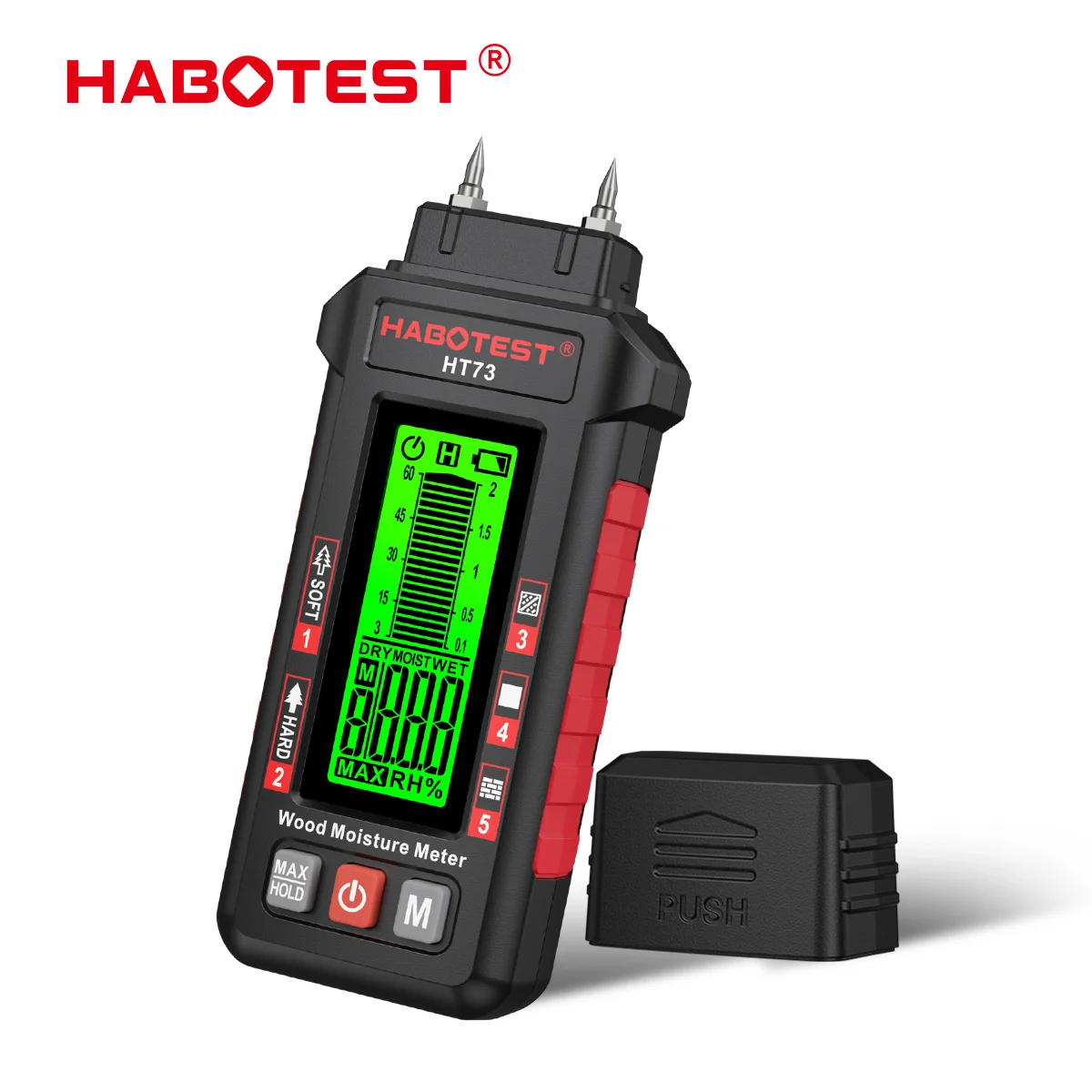Фото Влагомер для древесины HABOTEST HT73 (контактный тип), 5 режимов для различных материалов, трехцветная подсветка, диапазон влажности 0-99.9% RH, корпус из ABS-пластика, глубина измерения до 10 см, гарантия 1 год. №2