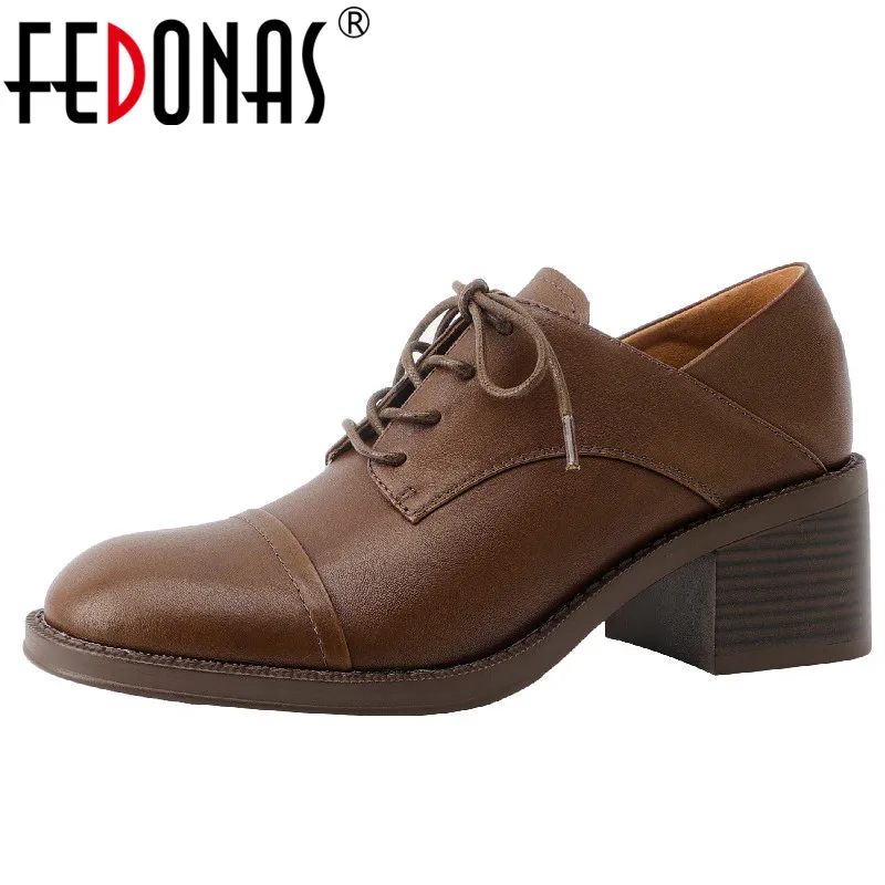 

Женские классические туфли-лодочки FEDONAS, повседневные туфли из натуральной кожи с круглым носком на толстом каблуке, на шнуровке, весна-лето