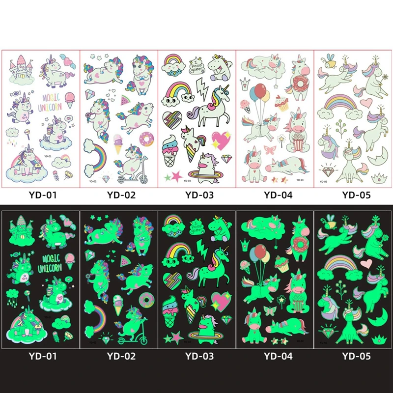 

5pcs/lot Luminous Tattoo Stickers Face Color Unicorn Mermaid Dinosaur Tattoo Child Cute Tattoo Sticker Body Tattoo for Kids