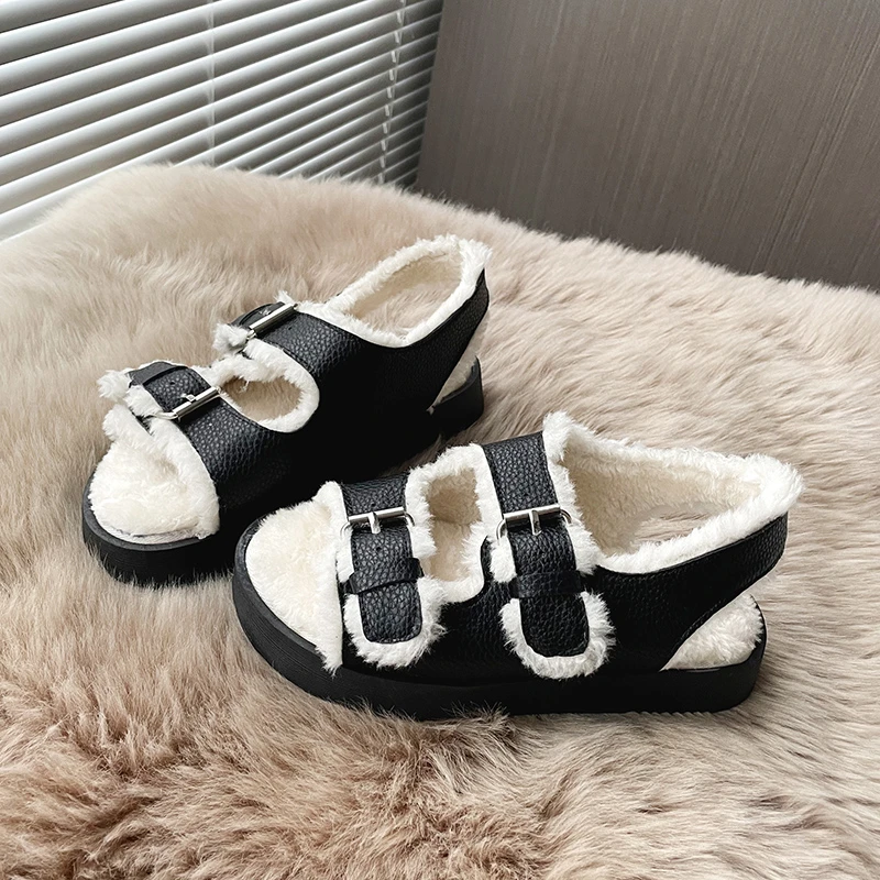 Women Wool Furry Fur Sandals Double Buckle Band Cotton Sandales Female Winter Shoes Celebrity Add Cashmere Sandalias Mujer 2021