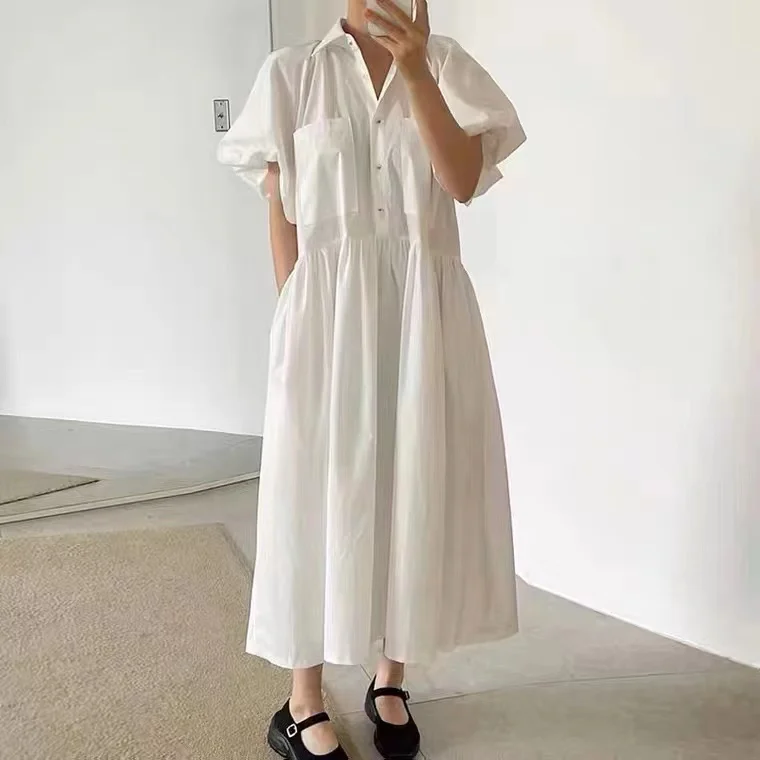 Женское платье-рубашка с коротким рукавом-фонариком и отложным воротником