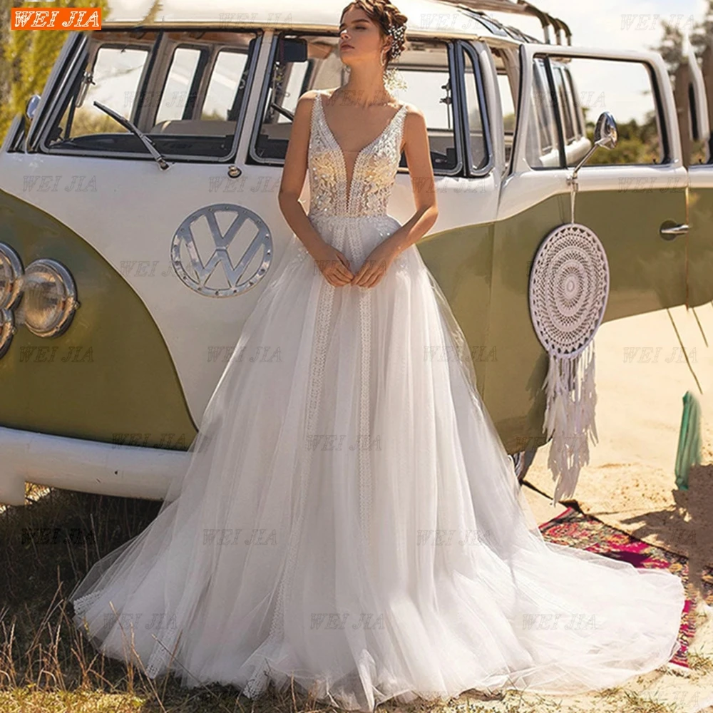 

Modern Deep V-Neck Wedding Dress Lace Appliques Backless Boho Sleeveless Bridal Gown A-Line Tulle Sweep Train SEXY WEI JIA