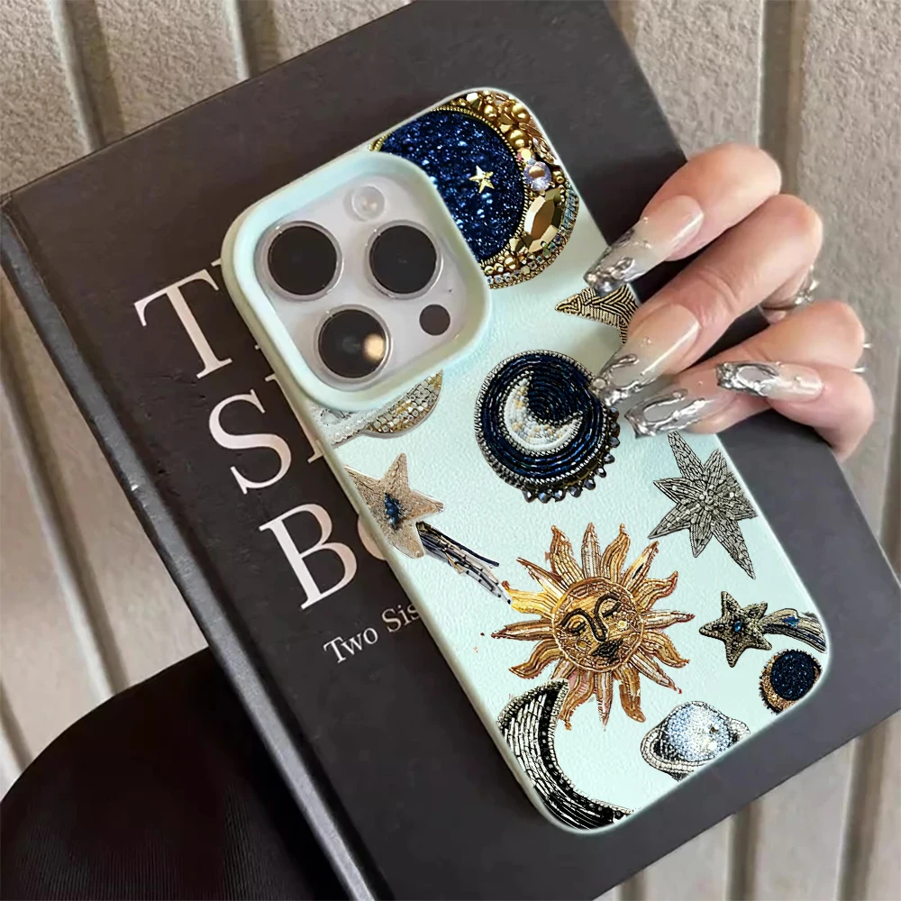 Фото Чехол Sun Moon Star с текстурой личи для iPhone 17 16 15 14 13 12 11 Pro Max, в стиле бохо, с астрологическим дизайном, противоударный, из мягкого ТПУ №2