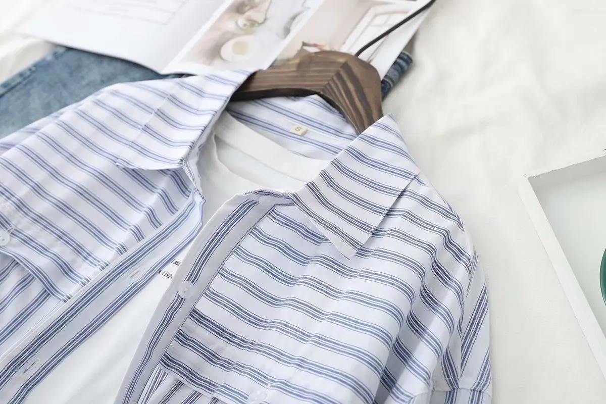 Летняя хлопковая рубашка с длинным рукавом топы в полоску отложным воротником