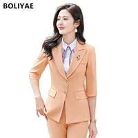boliyae women 2022 fashion new single breasted slim fit solid color blazer retro leisure female chic jacketmid waist pants suit