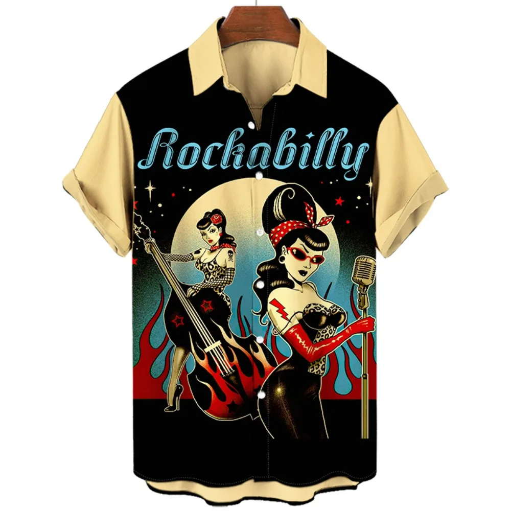 

Rocker Rockabilly Graphic Shirts for Men Clothing 3D Print Hawaiian Beach Shirts Short Sleeve Tops Vintage Clothes Lapel Blouse