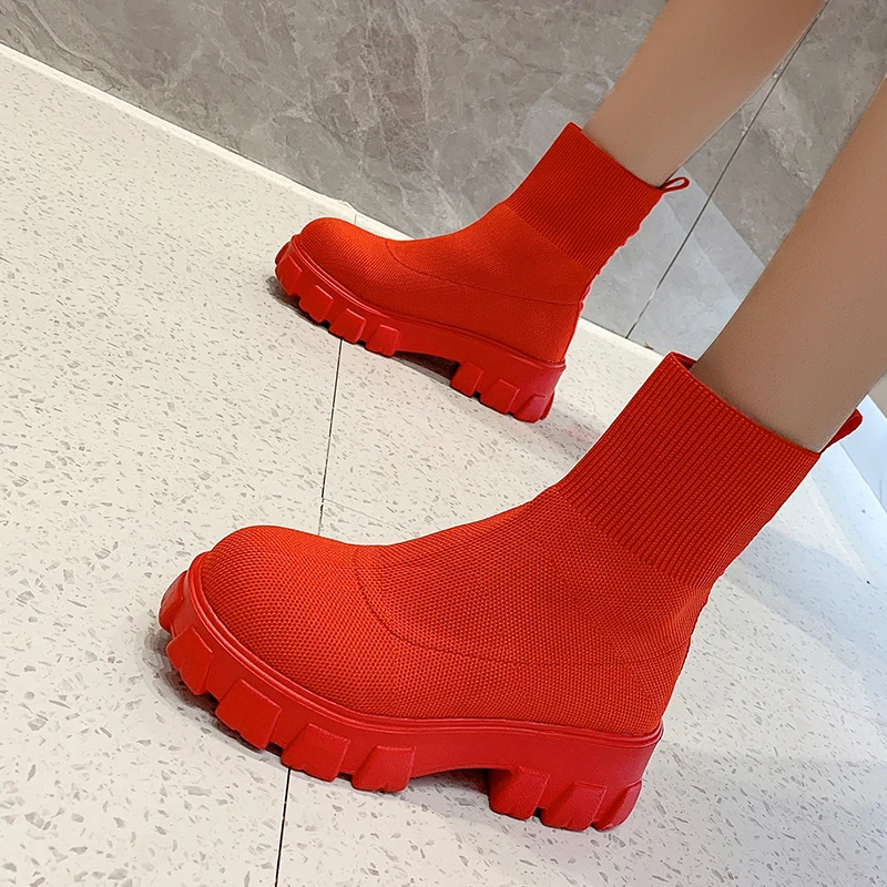 

2022 Winter New Fashion High Heels Shoes Designer Knitting Ankle Snow Sock Boots Platform Slip-on Goth Chunky Casual Women Botas